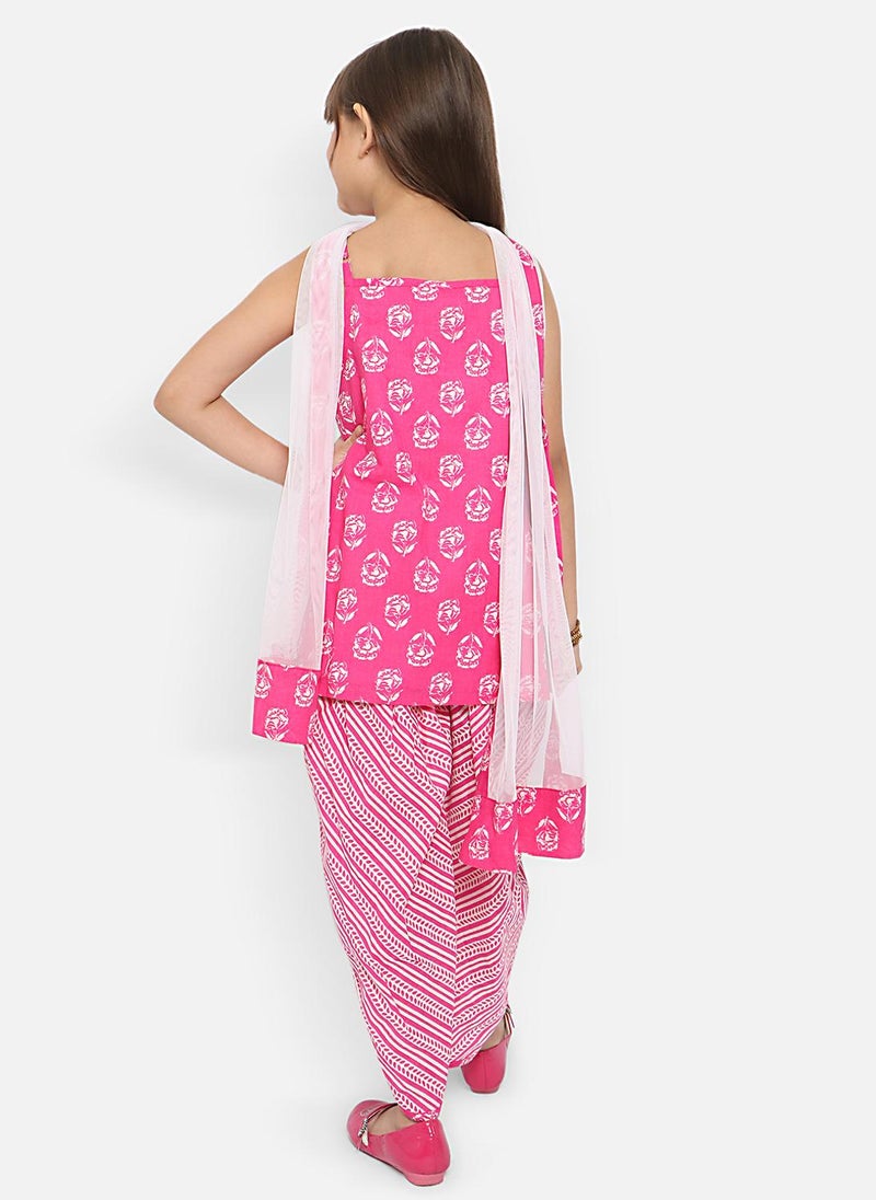 Nautinati Girls' 100% Cotton All-over Print Kurti with Striped Dhoti Pants & Net Dupatta - Image 2